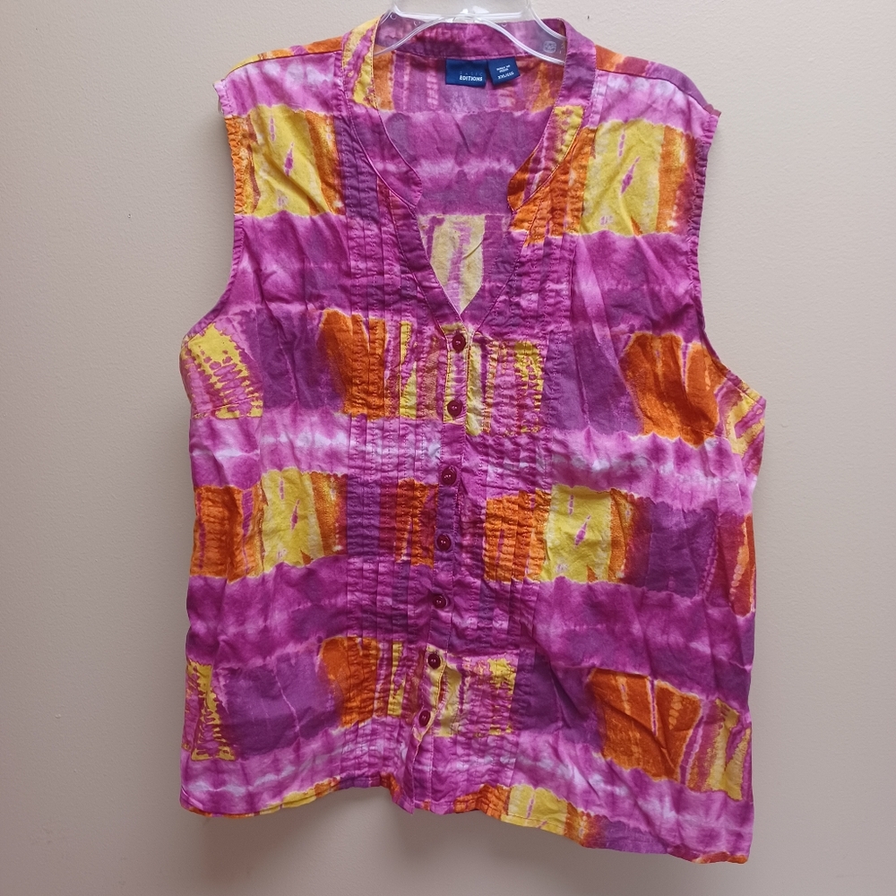 Colorful Sleeveless Summer Button Down Blouse - XXL